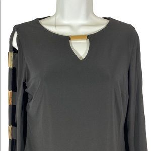 Joseph Ribkoff Womens Size 6 Blouse Black Gold Hardware Sleeve Cutout Keyhole
